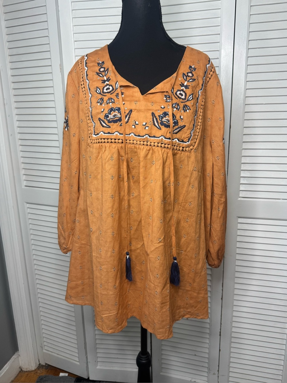 Dressbarn Women Mustard Yellow Boho Embroidered Peasant Tunic Blouse 3x
